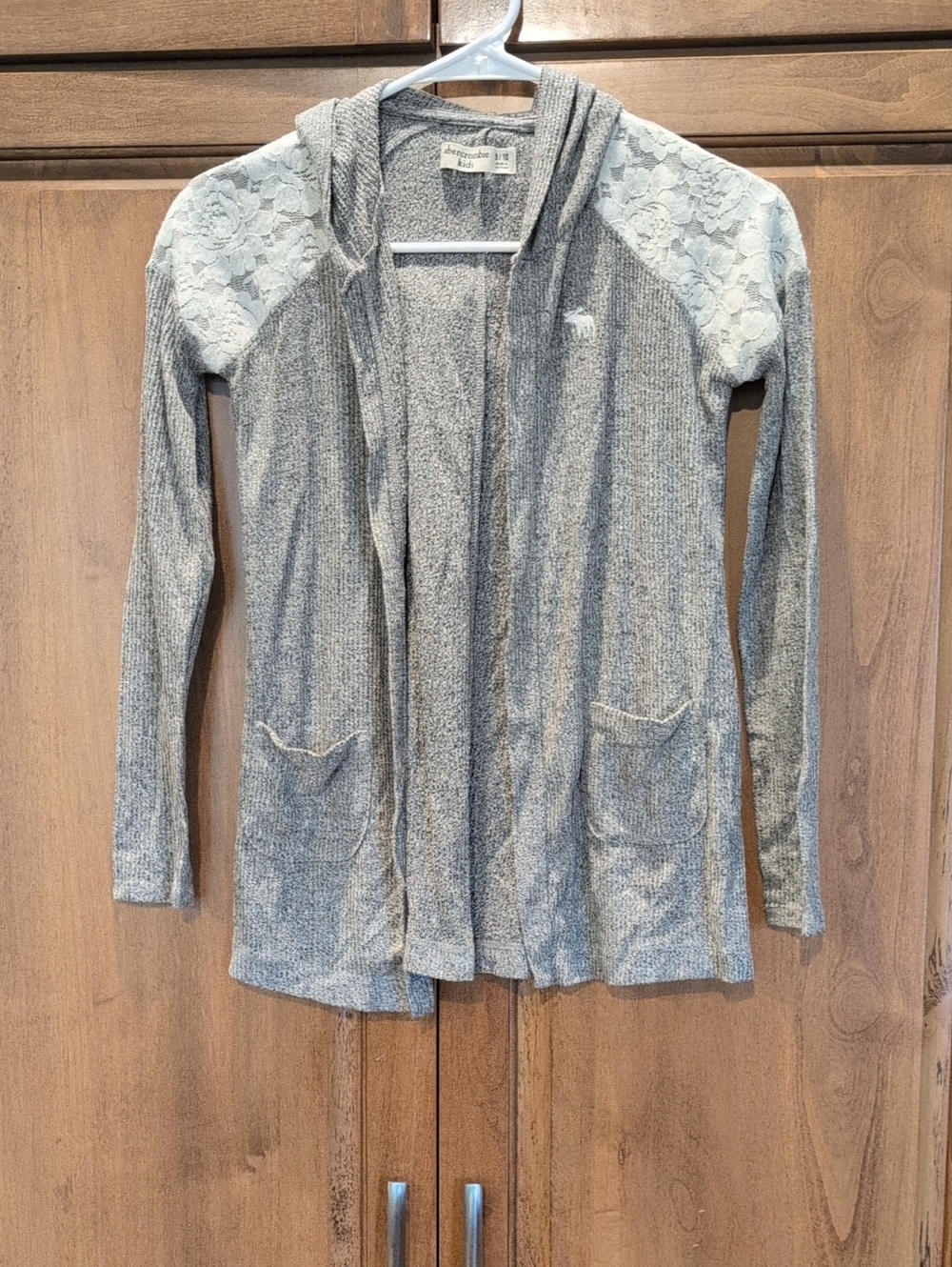 Abercrombie Kids Gray Hooded Open-Front Cardigan with Lace Shoulders